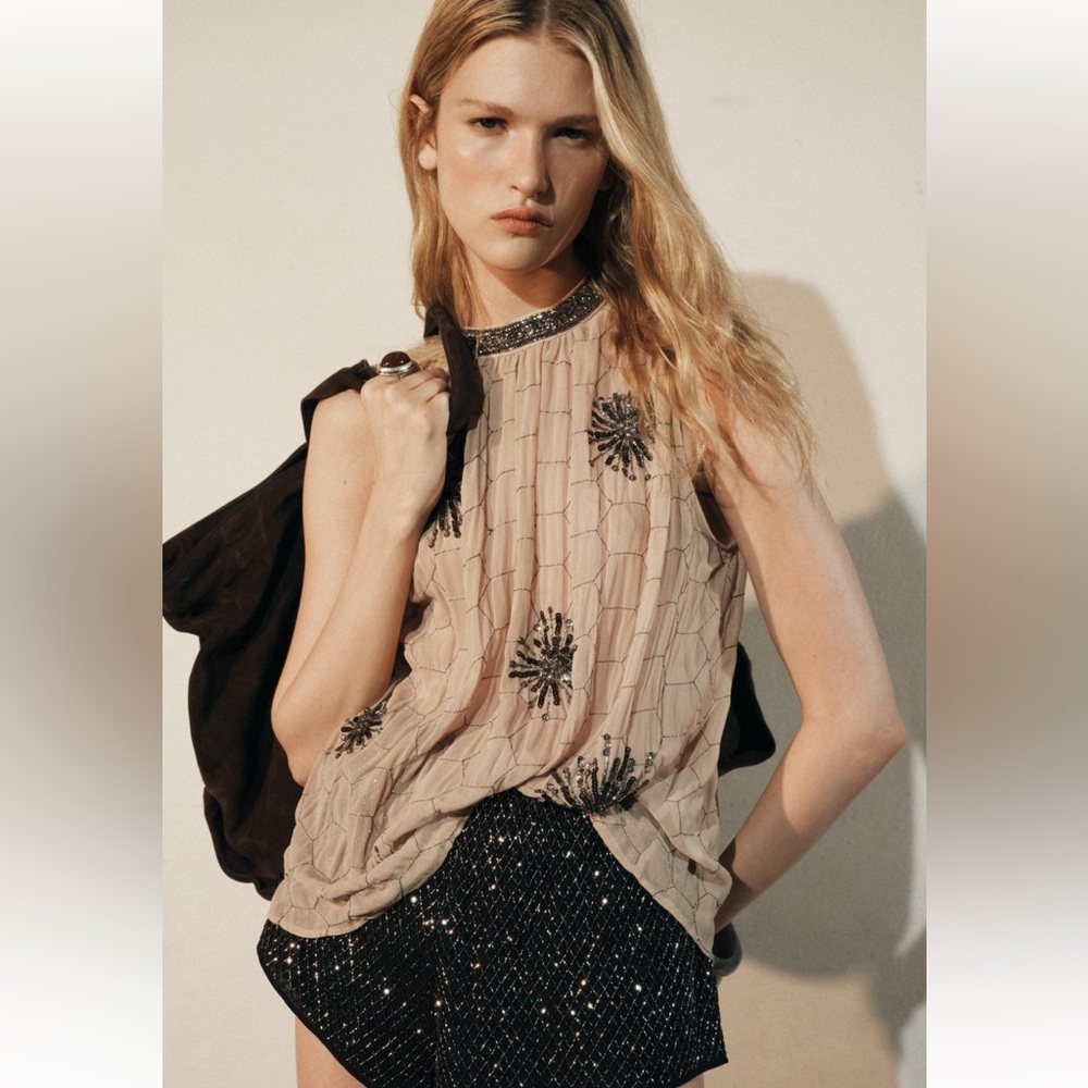 Zara Floral Embroidered Sequined Blouse Top NWT